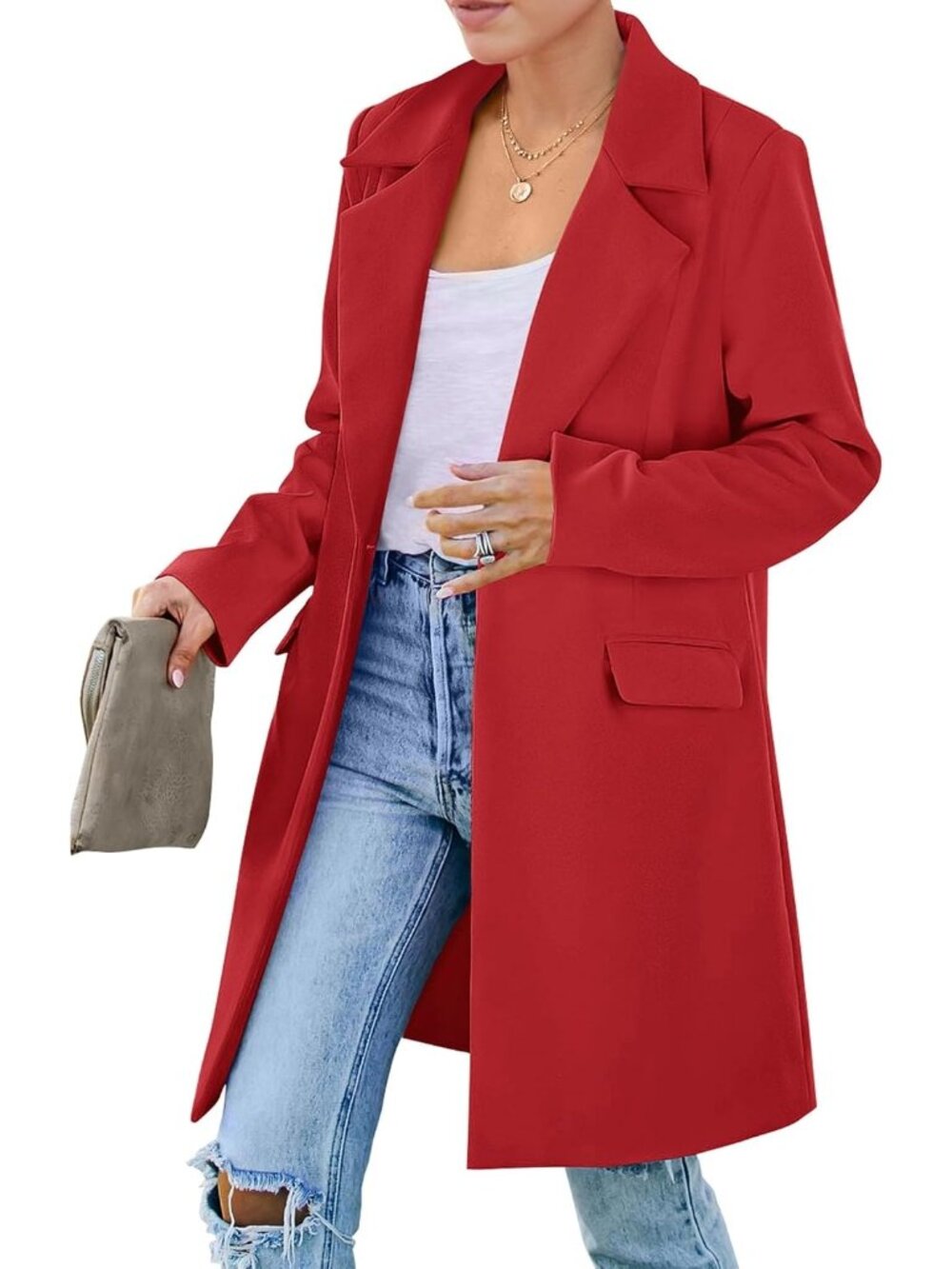 Women's Wine Red Mid-Length Padded Shoulder Loose Fit Fall Blazer Trench Coat